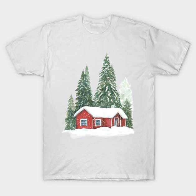 Christmas winter trees with red house. T-Shirt by InnaPatiutko